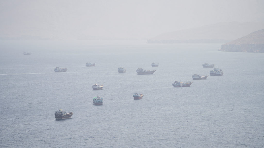 FILE PHOTO: Vessels near the Strait of Hormuz, as seen from Musandam