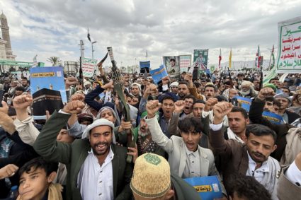 Houthi supporters rally to celebrate advances by Houthi forces along the Red Sea coastline, in Sanaa