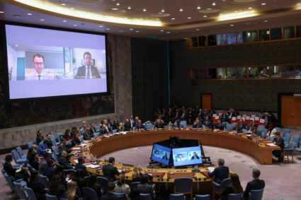 OpenAI CEO Sam Altman addresses the United Nations Security Council during a session on Artificial Intelligence, at UN Hea...