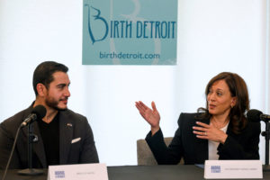 Democratic candidate for the US Senate Abdul El-Sayed and former US Vice President Kamala Harris participate in a roundtab...