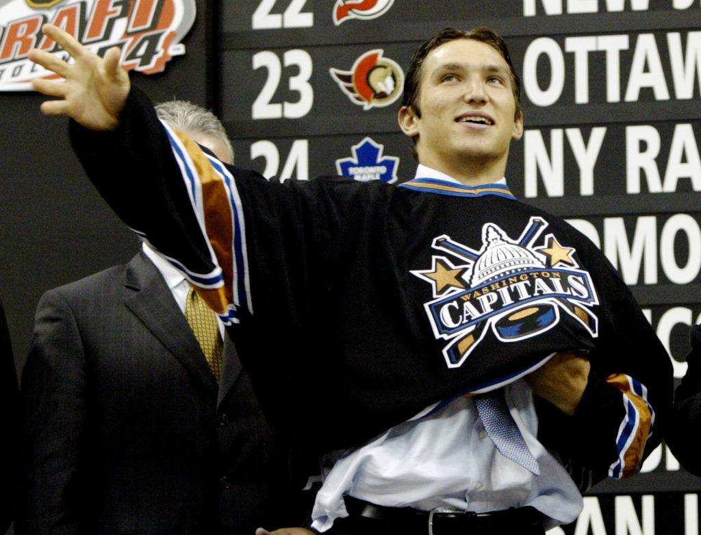 NHL FIRST ROUND PICK ALEXANDER OVECHKIN PUTS ON WASHINGTON CAPITALS SWEATER.