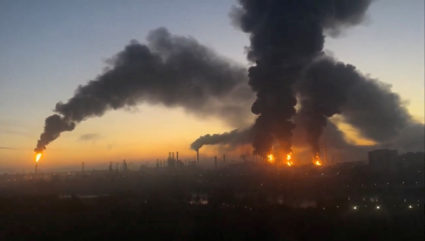 Smoke columns rise after strikes in oil refinery in Moscow, Russia