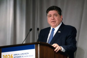 Illinois Govenor JB Pritzker speaks during an Illinois Chamber of Commerce luncheon.