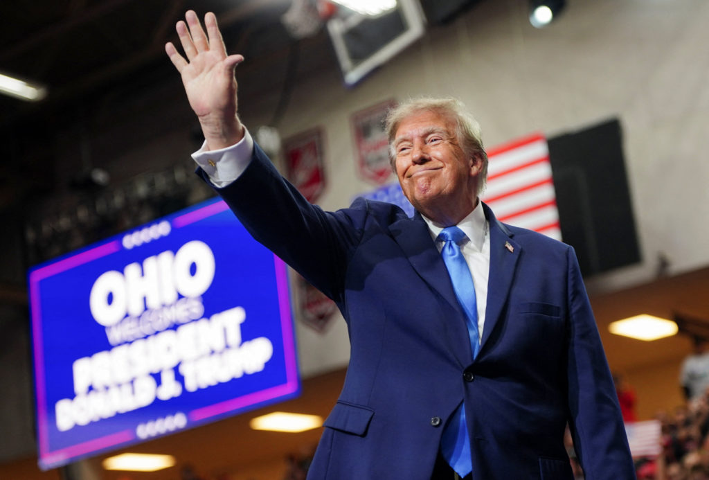 US President Trump attends a rally at Butler High School in Vandalia