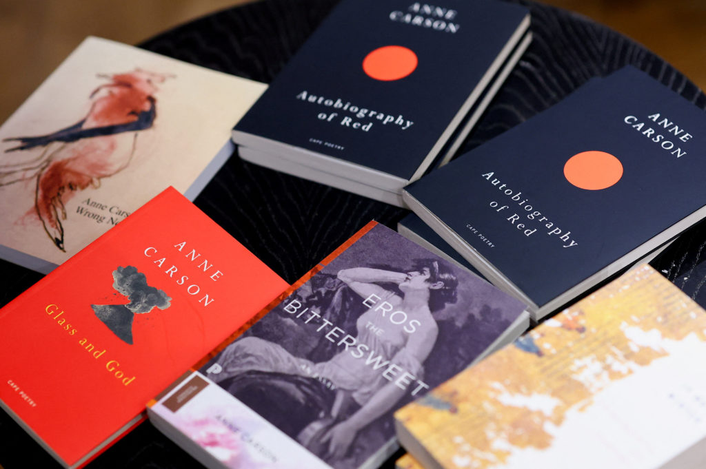 Books written by 2026 Nobel Prize for Literature winner Anne Carson on display at Waterstones bookshop in London