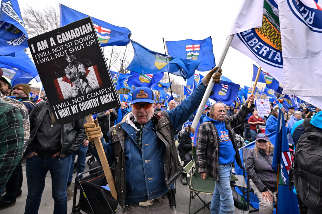 Supporters of a non-binding referendum on Alberta sovereignty gather, in Edmonton, Alberta