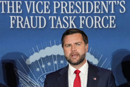 US Vice President JD Vance speaks during a stop at the FBI Cincinnati Field Office, in Cincinnati, Ohio