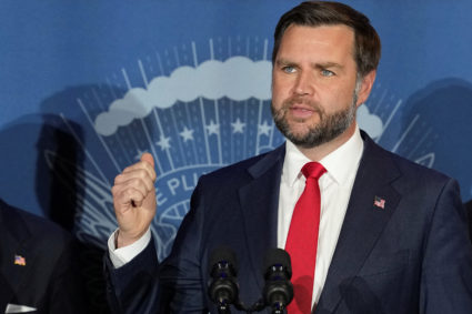 US Vice President JD Vance speaks during a stop at the FBI Cincinnati Field Office, in Cincinnati, Ohio