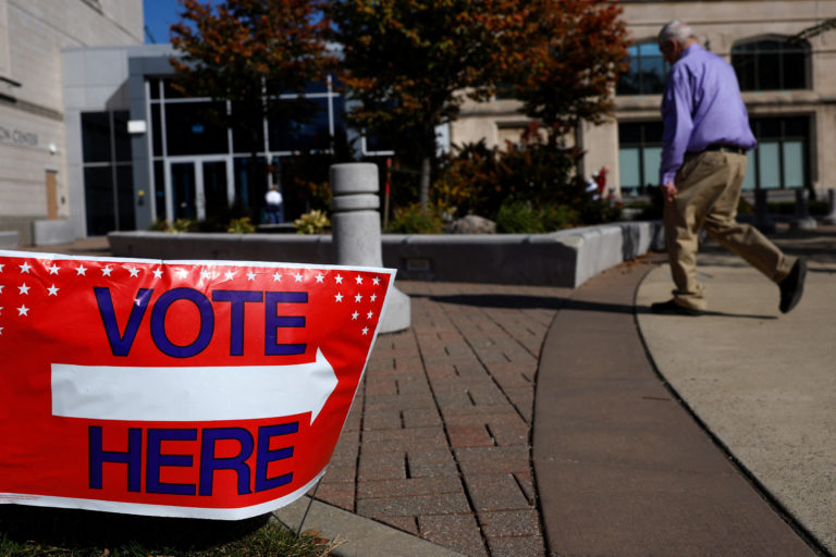 A voting sign sits posted outside the Lake County Board of Elections in Painesville, Ohio
