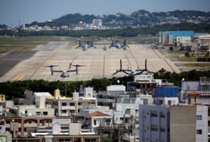 FILE PHOTO: U.S. Marine Corps MV-22 Osprey aircrafts are seen at the U.S. Marine Corps' Futenma Air Station in Ginowan on ...