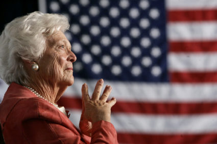 FILE PHOTO: Former U.S. first lady Barbara Bush listens to her son, President George W. Bush, as he speaks at an event on social security reform in Orlando, Florida March 18, 2005. REUTERS/Jason Reed/File Photo - RC1D9CFBFE20